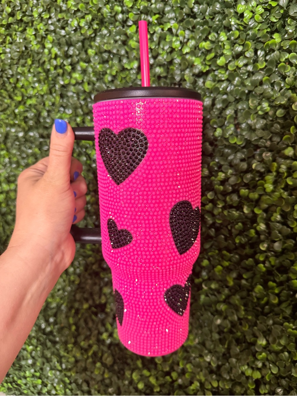 Hot Pink Rhinestone Tumbler with Black Heart Accents